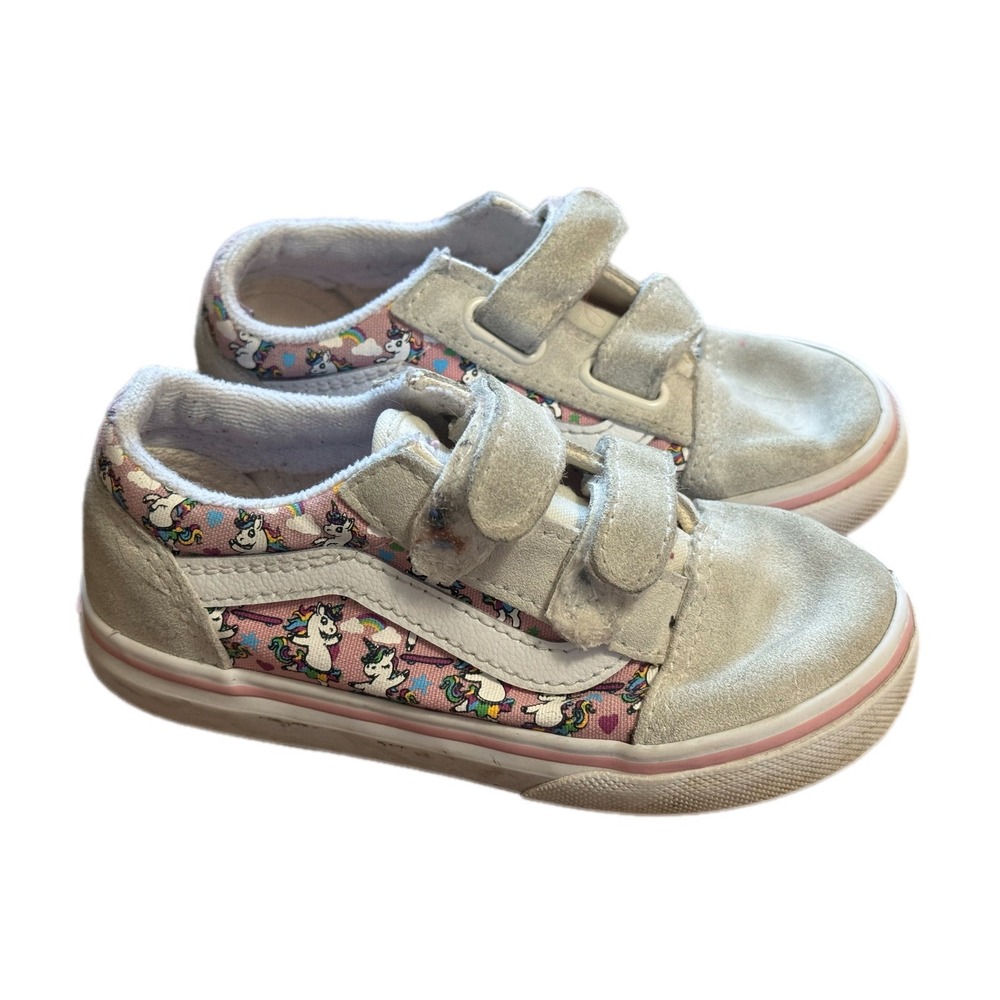 Vans Old Skool V Toddler 9 Pink Grey Unicorn Rainbow Good Hook and Loop Sneaker